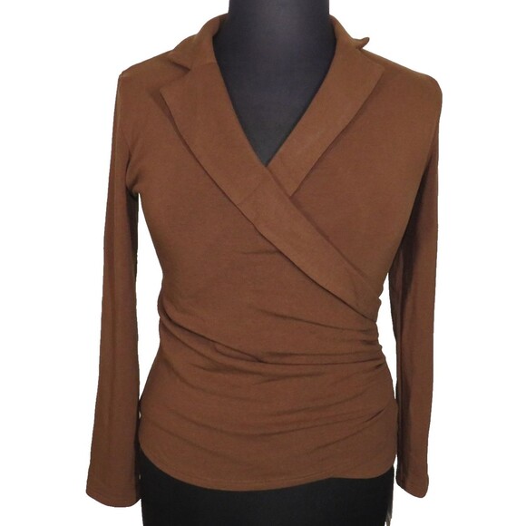 OGL EcoMousse ProWarm Brown Surplice Wrap Look Long Sleeve Collared Top Sz Large - Picture 6 of 9